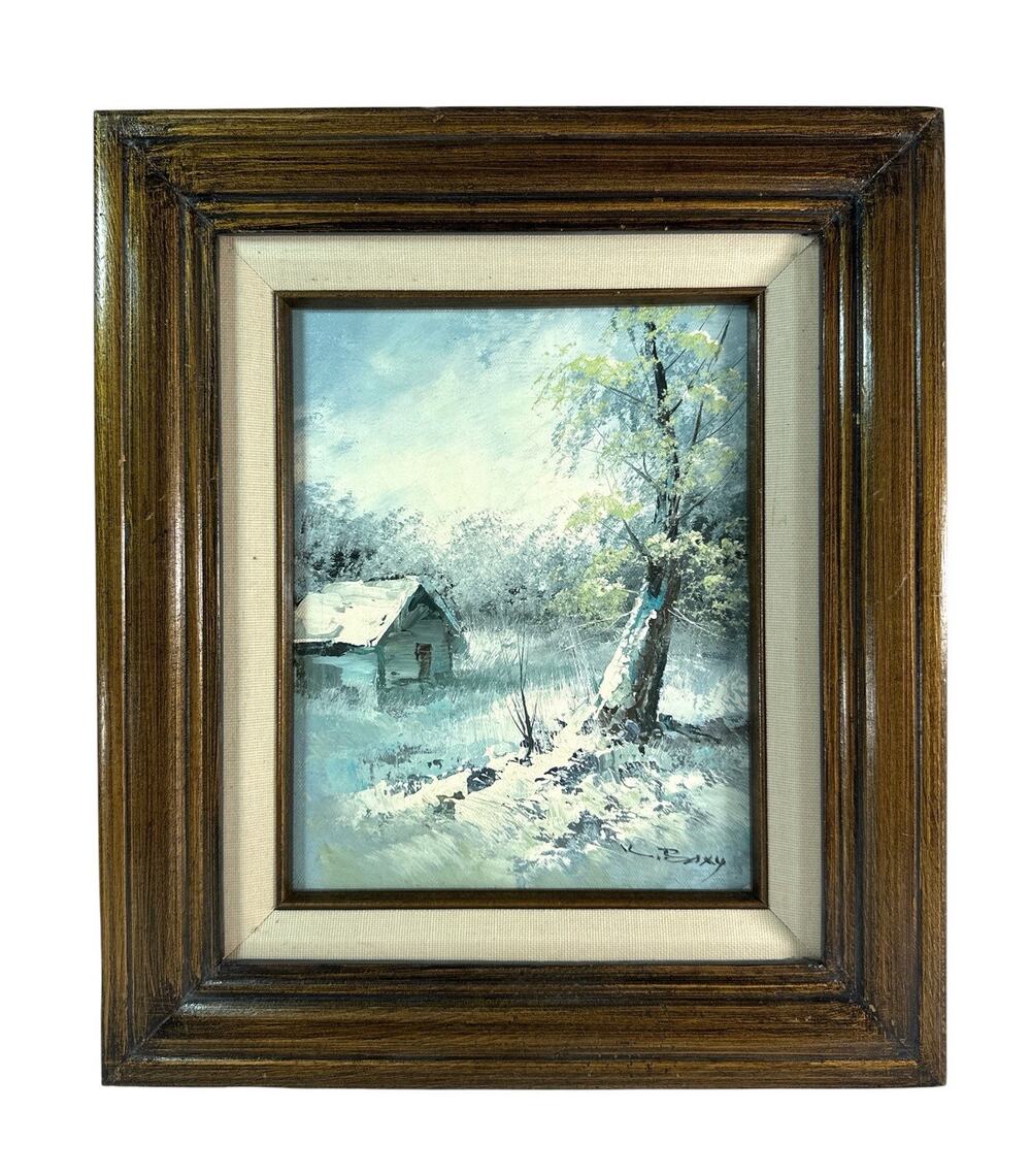 K Boxy Original Oil Painting Winter Cabin Snow Landscape Framed Vintage